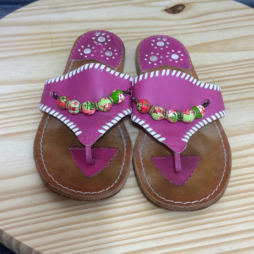 Angela Moore Pink Leather Whipstitch Beaded Thong Sandals‎ Womens 7 Preppy Flat